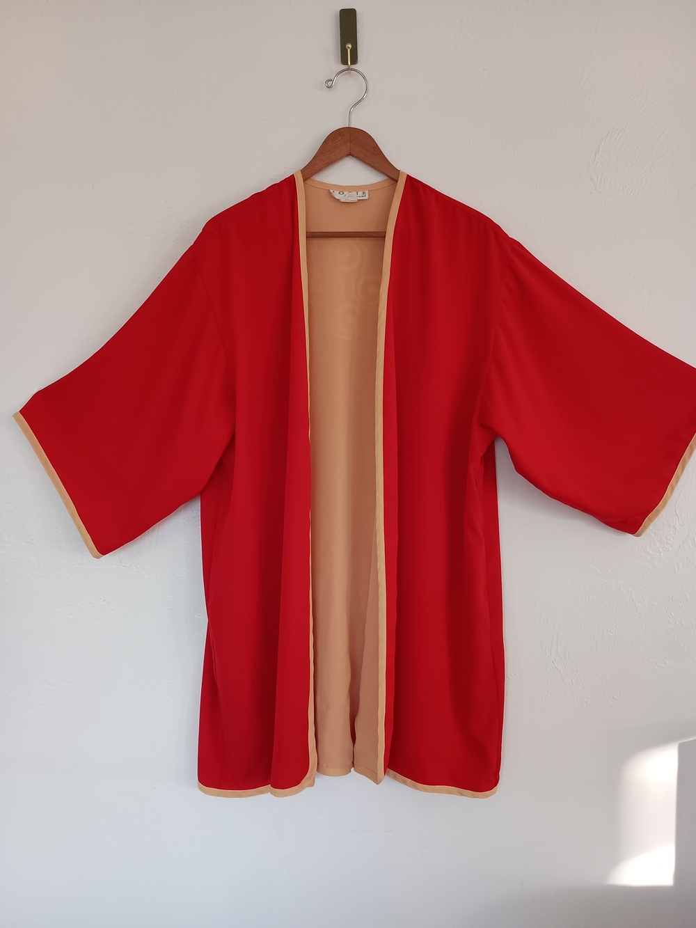 Josie By Natori Vintage Red Open-Front Kimono Jacket with Yellow Detail VTG